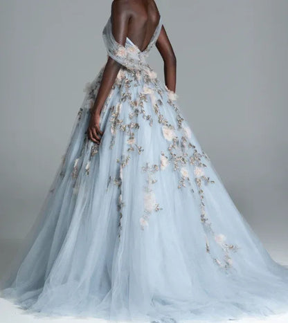 Beautiful Ball Gown Off-Shoulder Sleeveless Tulle Floor-Length Backless Prom Dress