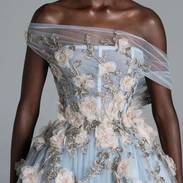 Beautiful Ball Gown Off-Shoulder Sleeveless Tulle Floor-Length Backless Prom Dress