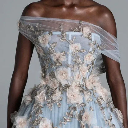 Beautiful Ball Gown Off-Shoulder Sleeveless Tulle Floor-Length Backless Prom Dress