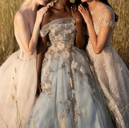Beautiful Ball Gown Off-Shoulder Sleeveless Tulle Floor-Length Backless Prom Dress