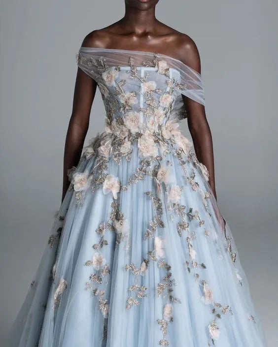 Beautiful Ball Gown Off-Shoulder Sleeveless Tulle Floor-Length Backless Prom Dress