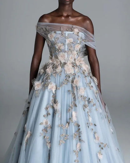 Beautiful Ball Gown Off-Shoulder Sleeveless Tulle Floor-Length Backless Prom Dress