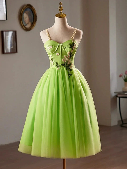 Beautiful Green Lace Flower Short Party Dress Lovely Spaghetti Straps Sleeveless Backless Evening Dress