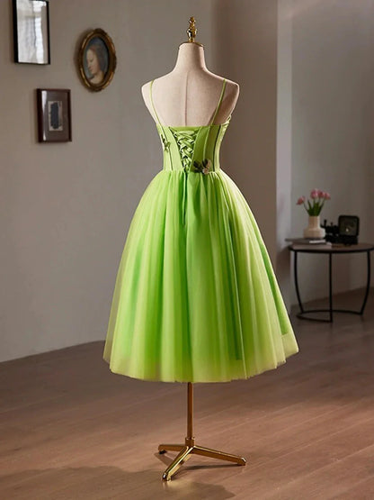 Beautiful Green Lace Flower Short Party Dress Lovely Spaghetti Straps Sleeveless Backless Evening Dress