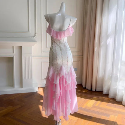 Beautiful Mermaid Spaghetti Straps Sleeveless Pleated Chiffon Maxi Dress Prom Dress