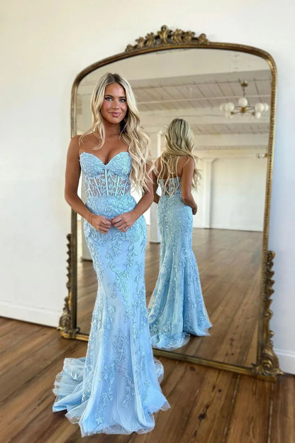 Beautiful Mermaid Strapless Sleeveless Lace Up Sweep/Brush Train Prom Dress