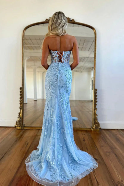 Beautiful Mermaid Strapless Sleeveless Lace Up Sweep/Brush Train Prom Dress