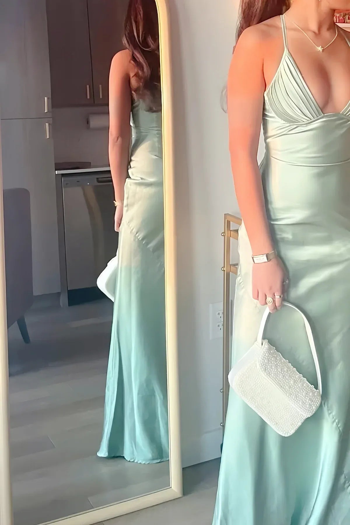 Beautiful Mermaid V Neck Sleeveless Satin Pleated Floor-Length Prom Dress