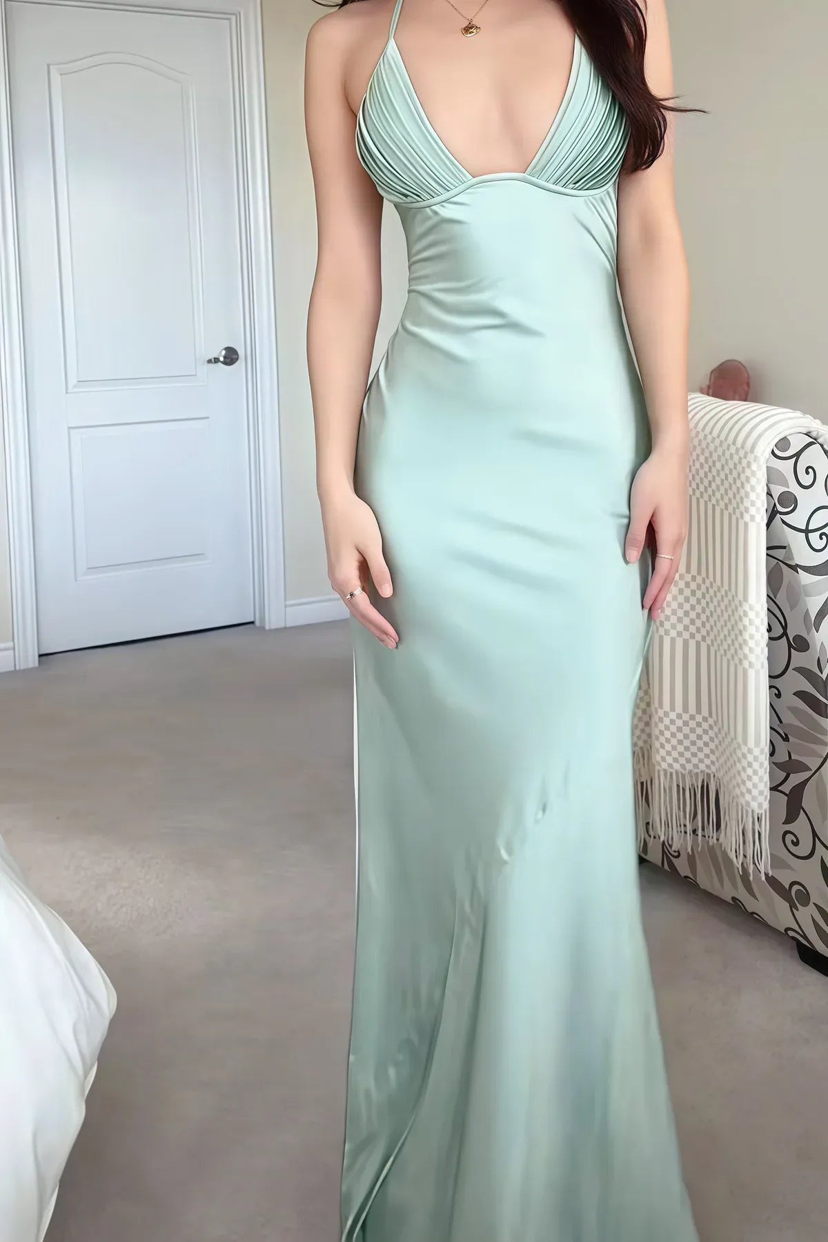 Beautiful Mermaid V Neck Sleeveless Satin Pleated Floor-Length Prom Dress