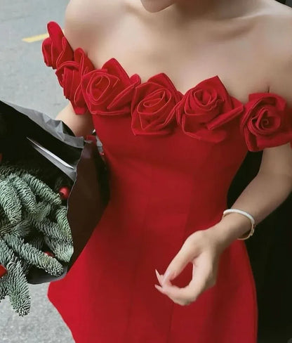 Beautiful Princess Off Shoulder Sleeveless Satin Rose Short Mini Homecoming Dress