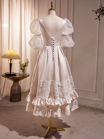 Beautiful Scoop Neck Tea Length Prom Dress A-Line Puffy Short Sleeve Backless Party Dress