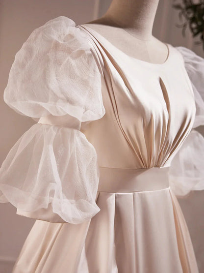 Beautiful Scoop Neck Tea Length Prom Dress A-Line Puffy Short Sleeve Backless Party Dress