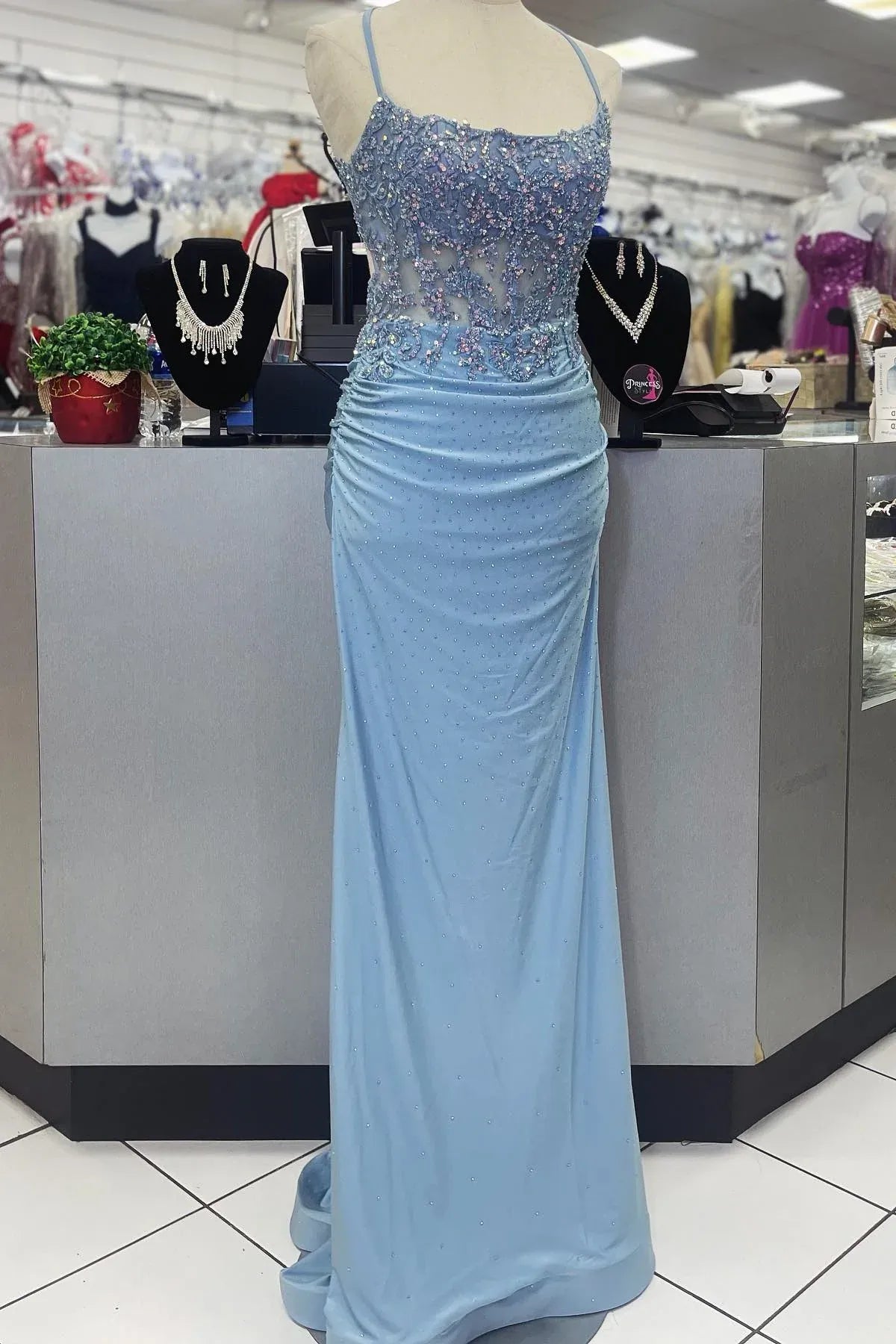 Beautiful Sheath Spaghetti Straps Sleeveless Backless Pleated Floor-Length Prom Dress
