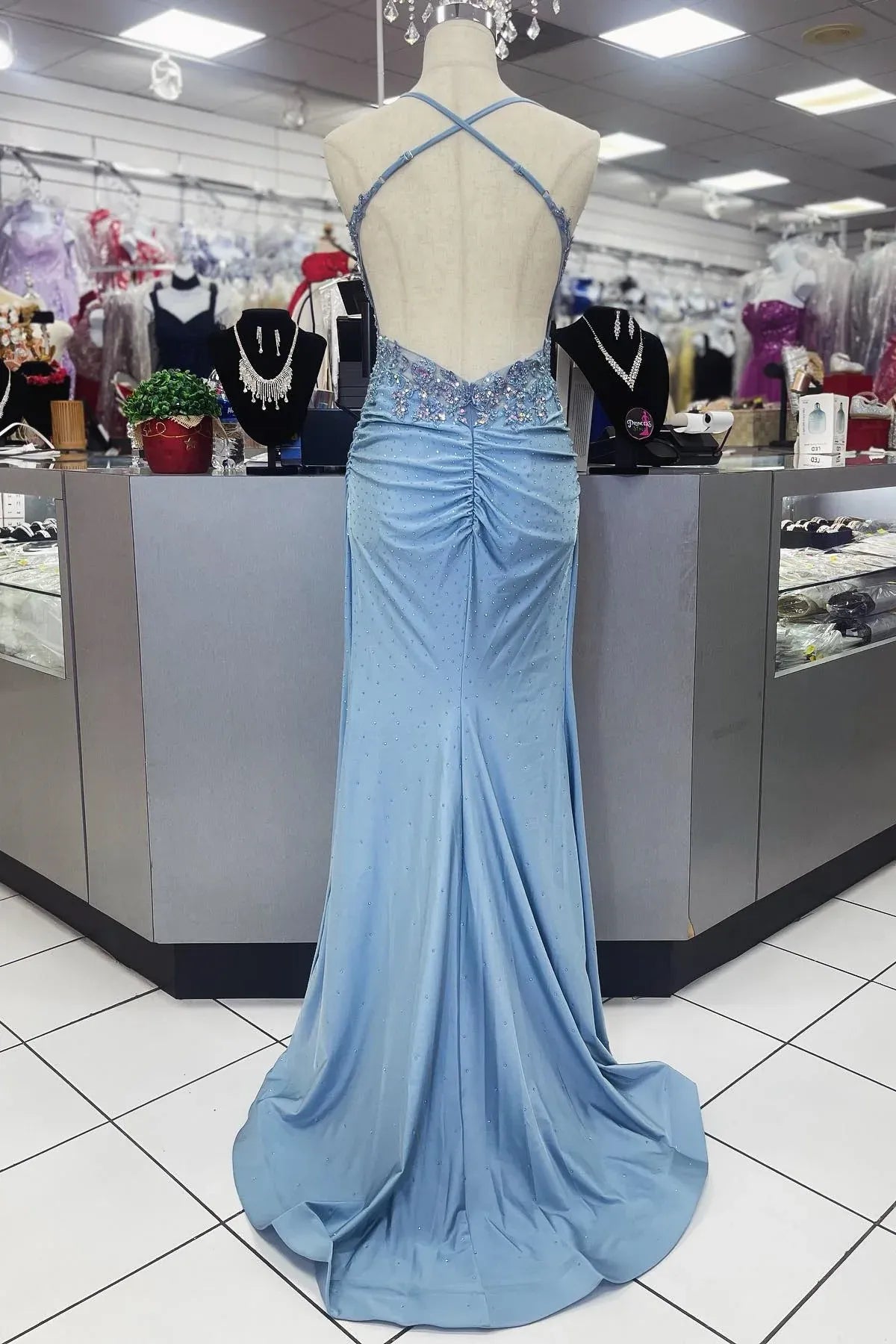 Beautiful Sheath Spaghetti Straps Sleeveless Backless Pleated Floor-Length Prom Dress