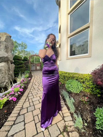 Beautiful Spaghetti Straps Sleeveless Sheath Ruched Satin Long Prom Dress