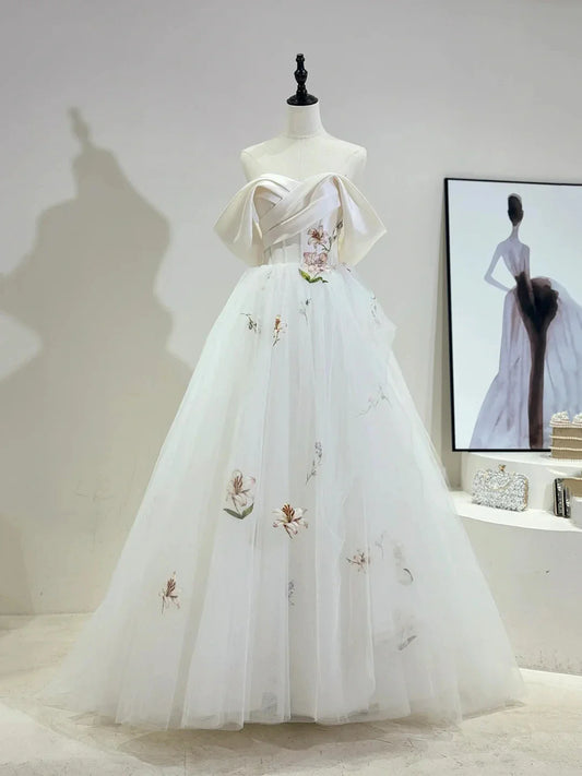 Beautiful Tulle Lace Long Prom Dress Off the Shoulder Evening Party Dress