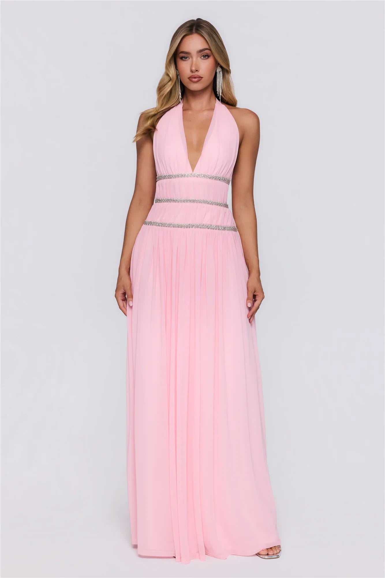 Beautiful A-Line Halter V-Neck Beaded Empire Mesh Pink Floor-Length Prom Dress