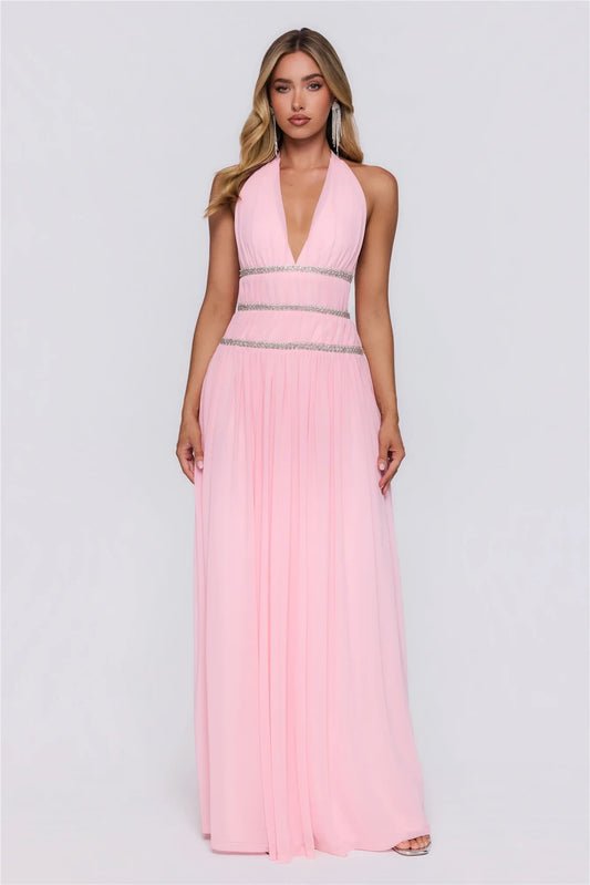 Beautiful A-Line Halter V-Neck Beaded Empire Mesh Pink Floor-Length Prom Dress