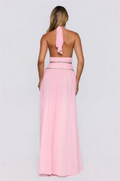 Beautiful A-Line Halter V-Neck Beaded Empire Mesh Pink Floor-Length Prom Dress