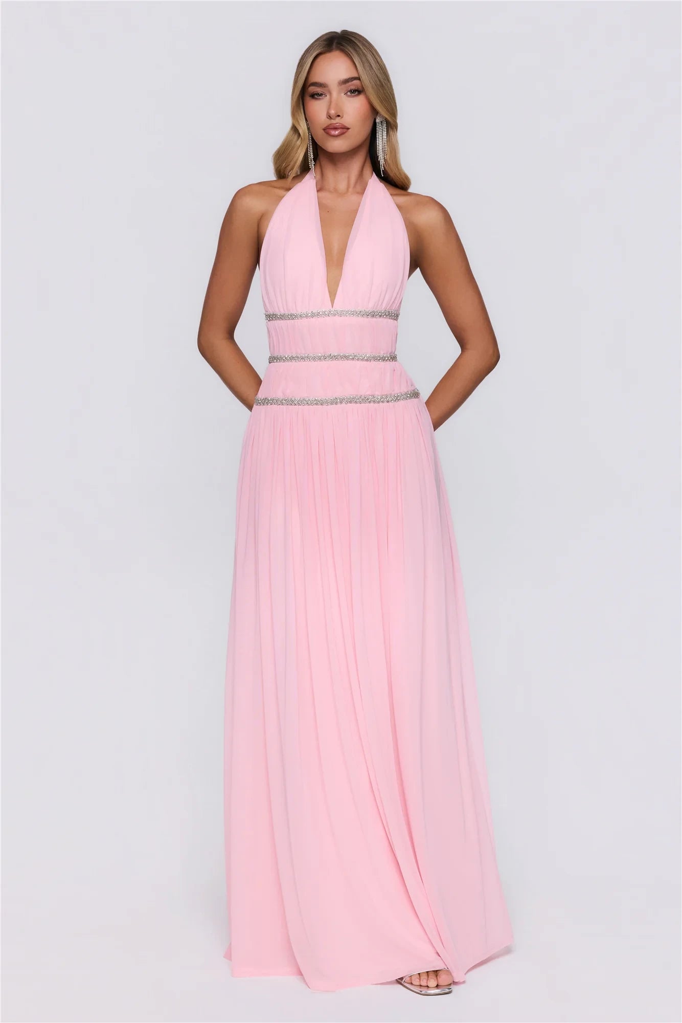 Beautiful A-Line Halter V-Neck Beaded Empire Mesh Pink Floor-Length Prom Dress