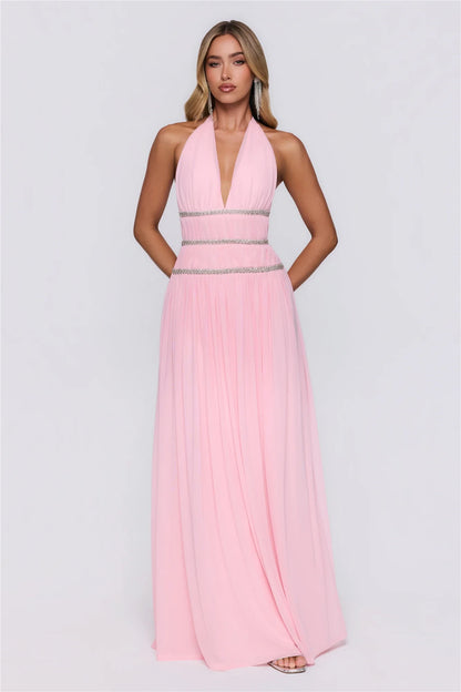 Beautiful A-Line Halter V-Neck Beaded Empire Mesh Pink Floor-Length Prom Dress
