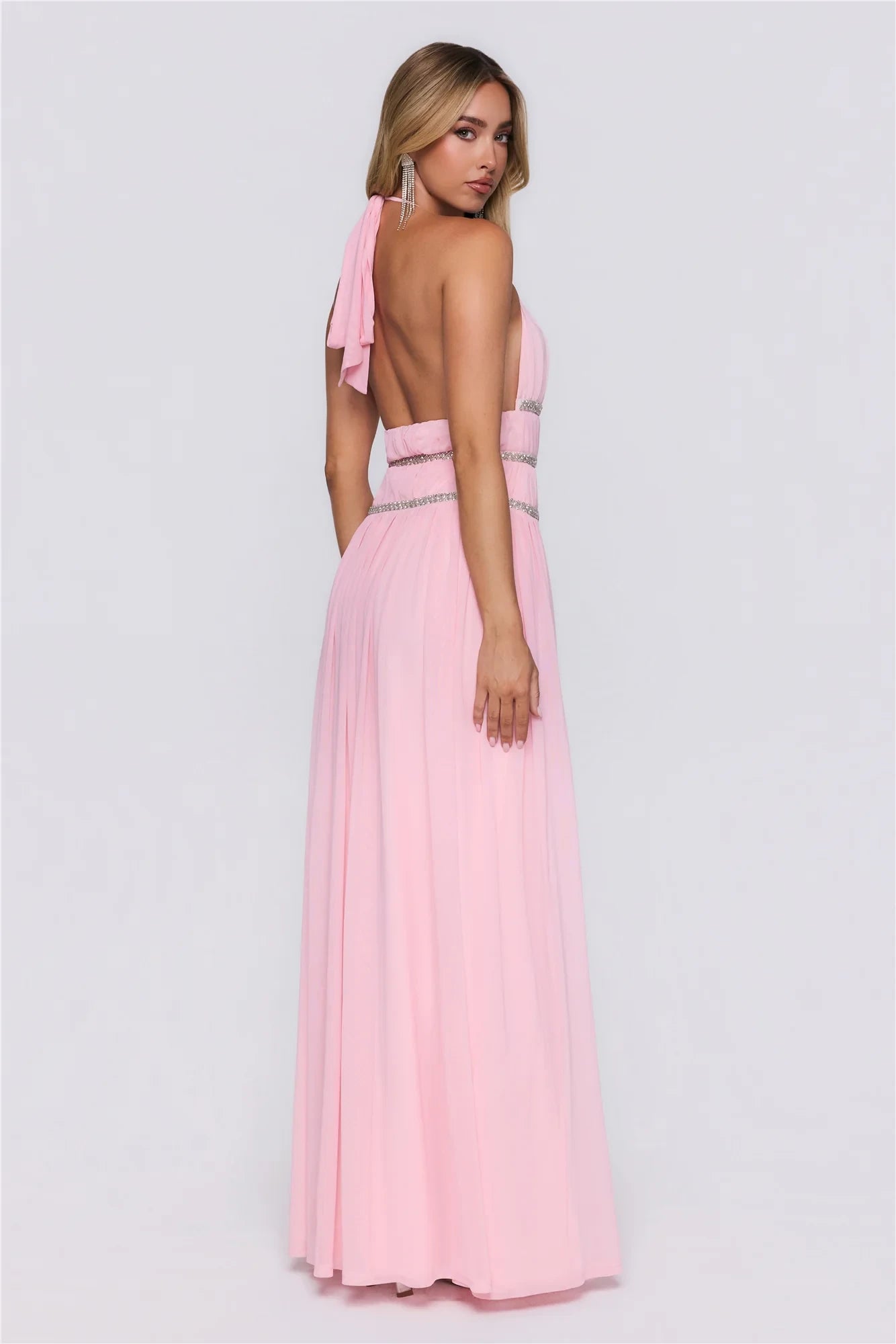 Beautiful A-Line Halter V-Neck Beaded Empire Mesh Pink Floor-Length Prom Dress