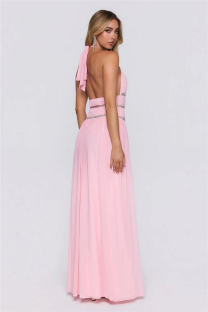 Beautiful A-Line Halter V-Neck Beaded Empire Mesh Pink Floor-Length Prom Dress