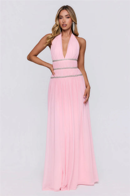 Beautiful A-Line Halter V-Neck Beaded Empire Mesh Pink Floor-Length Prom Dress