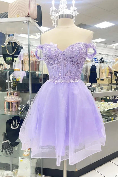 Beautiful A-Line Off-Shoulder Beaded Applique Lace Lavender Short Homecoming Dresses