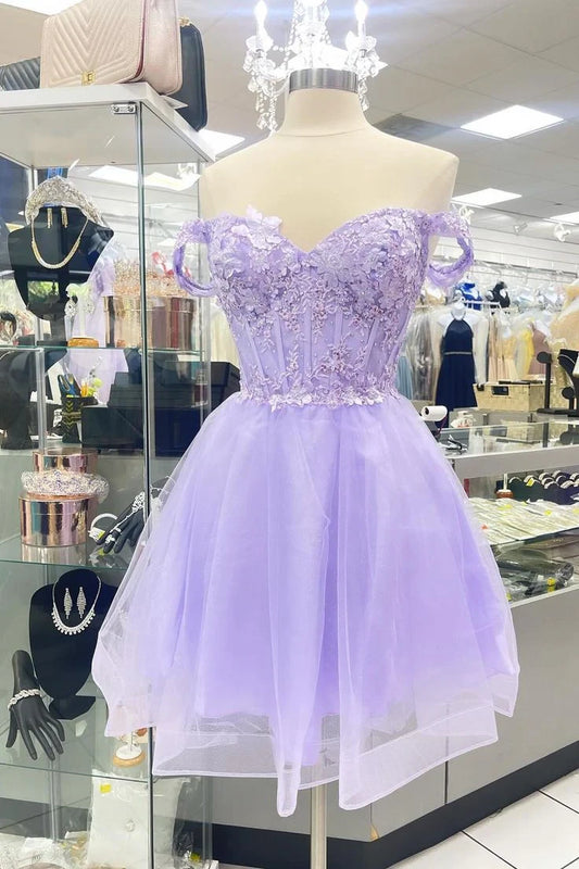 Beautiful A-Line Off-Shoulder Beaded Applique Lace Lavender Short Homecoming Dresses
