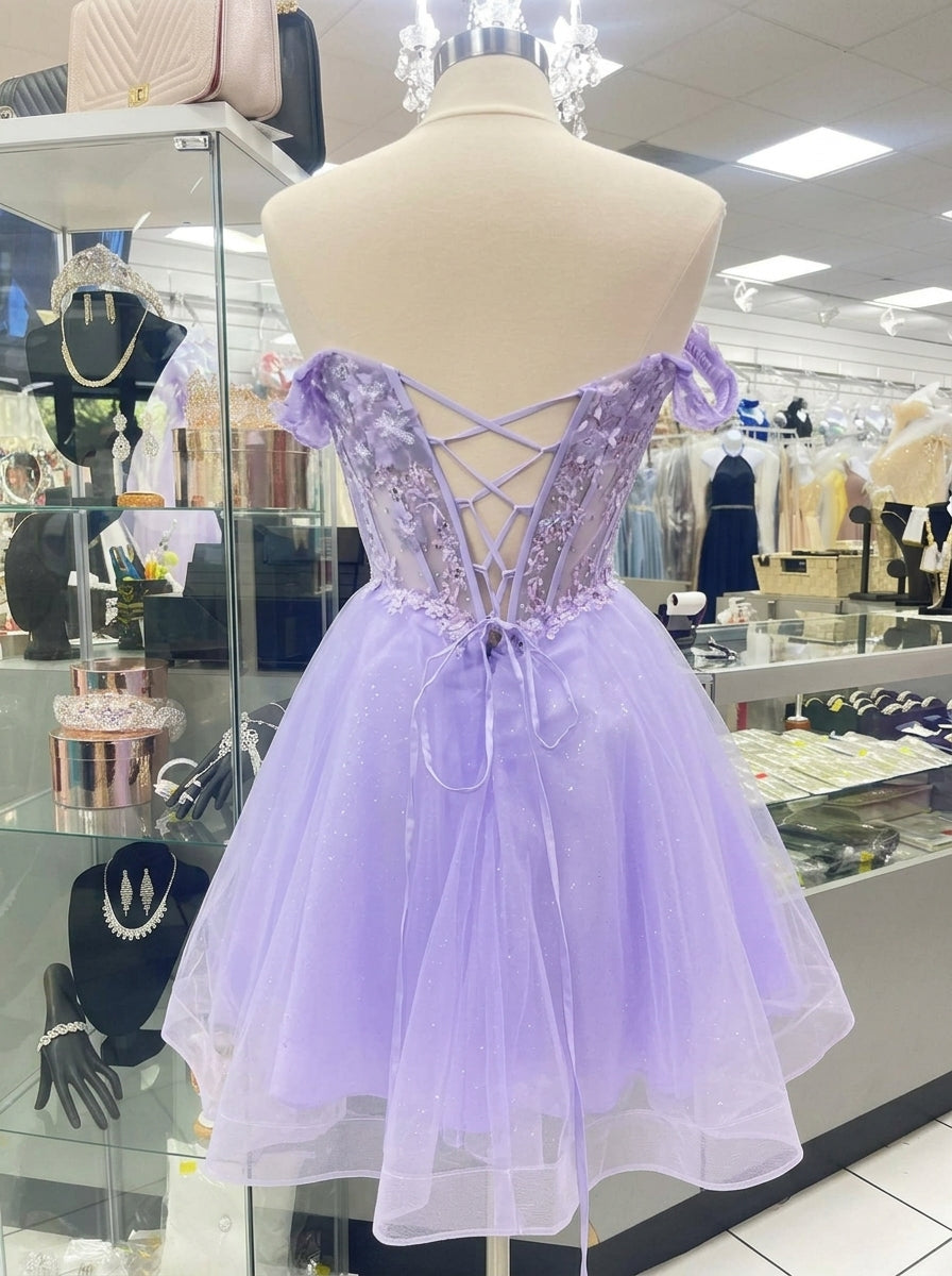 Beautiful A-Line Off-Shoulder Beaded Applique Lace Lavender Short Homecoming Dresses