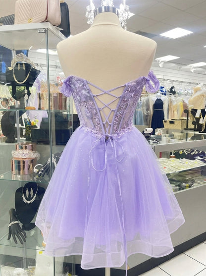 Beautiful A-Line Off-Shoulder Beaded Applique Lace Lavender Short Homecoming Dresses