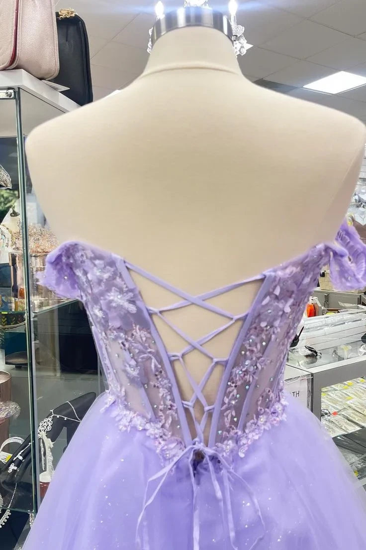 Beautiful A-Line Off-Shoulder Beaded Applique Lace Lavender Short Homecoming Dresses