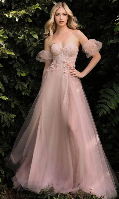 Beautiful A-Line Sweetheart Short Sleeves Floral Applique Glittering Blush Floor-Length Prom Dress