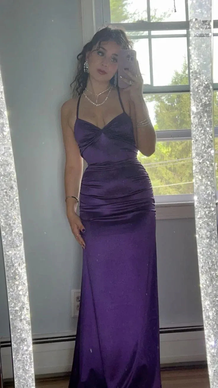 Beautiful Spaghetti Straps Sleeveless Sheath Ruched Satin Long Prom Dress