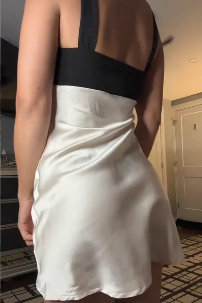 Black and White Color Block Sleeveless Satin Mini Homecoming Dress
