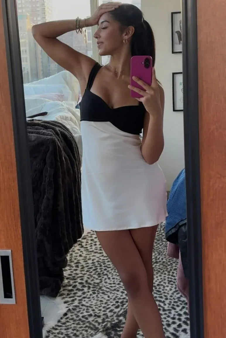 Black and White Color Block Sleeveless Satin Mini Homecoming Dress