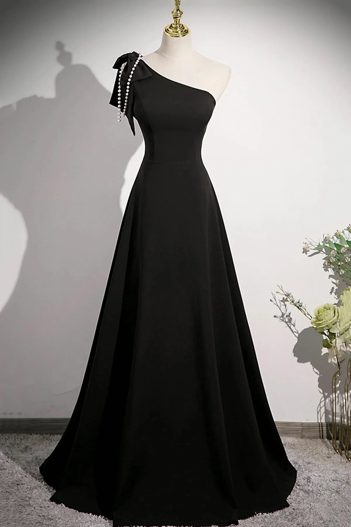 Black A-Line Long Prom Dress Simple One Shoulder Party Dress
