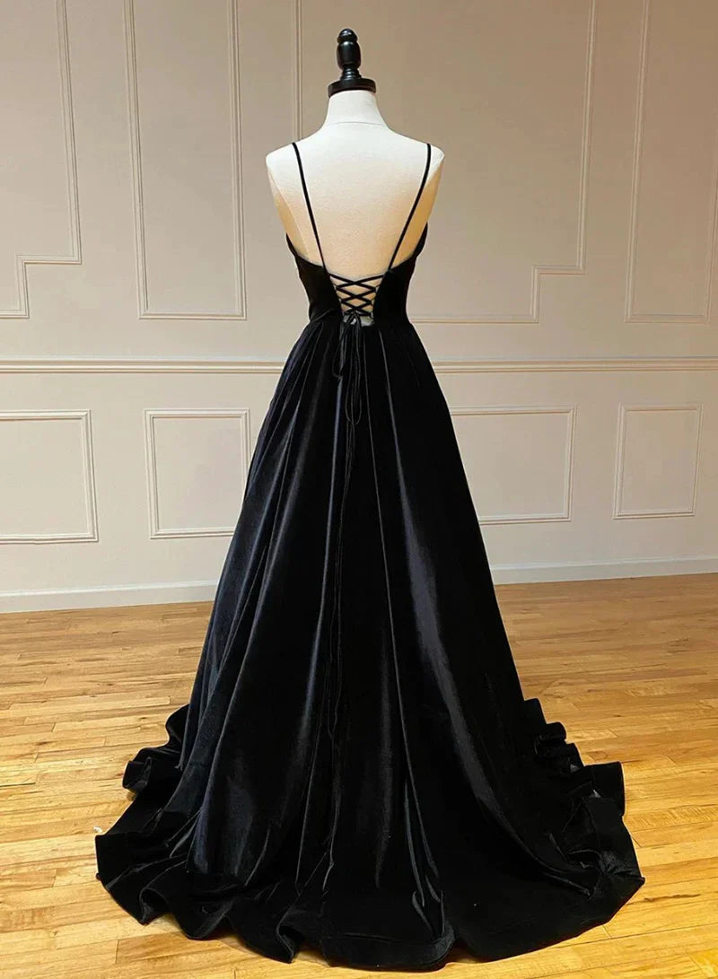 Black A-Line Velvet Long Prom Dresses Black Evening Dresses