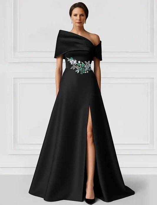 Black Green A-Line Evening Gown Elegant Dress Formal Wedding Floor Length Short Sleeve Off Shoulder Champagne Mother Of the Bride Dress Satin with Glitter Pocket