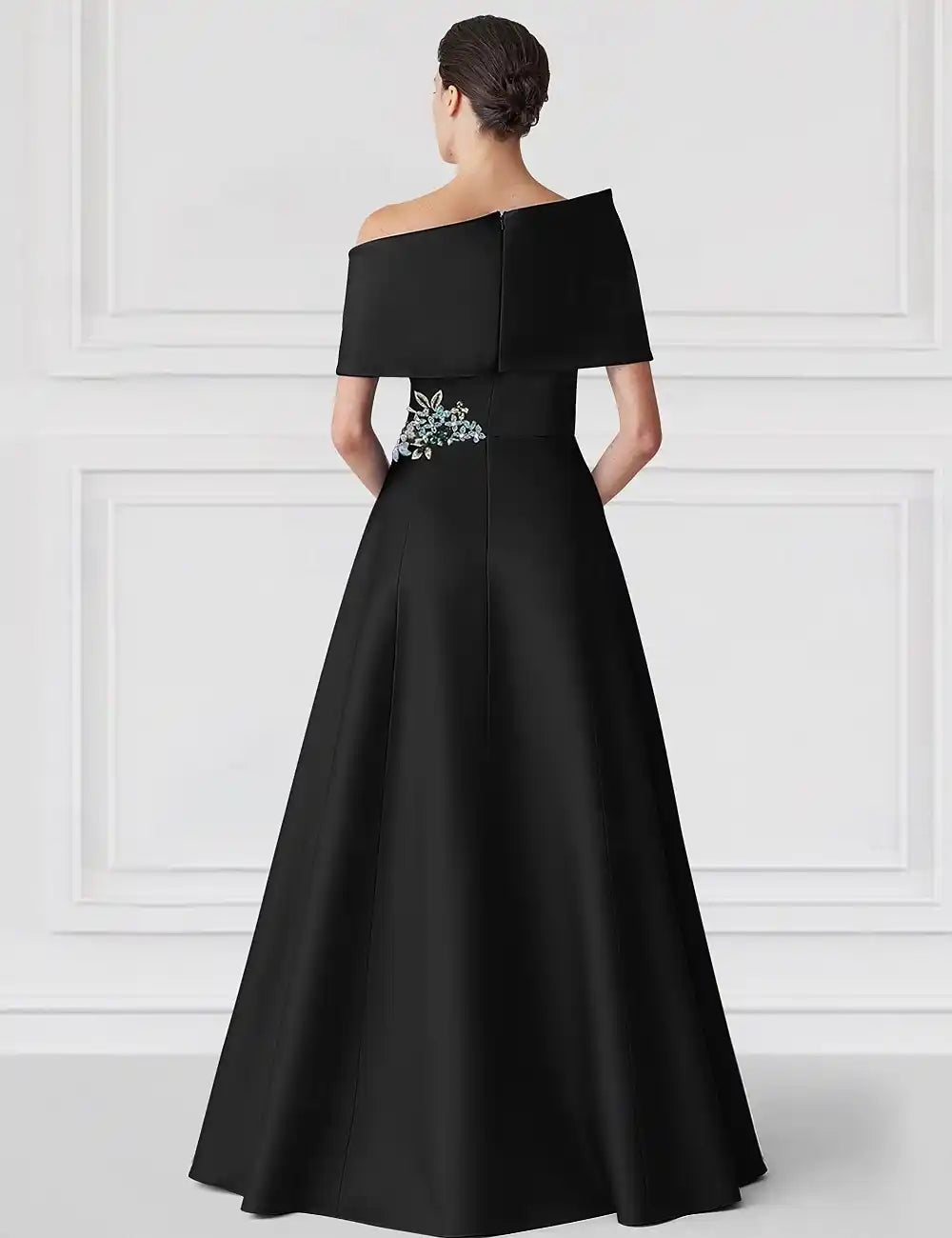 Black Green A-Line Evening Gown Elegant Dress Formal Wedding Floor Length Short Sleeve Off Shoulder Champagne Mother Of the Bride Dress Satin with Glitter Pocket