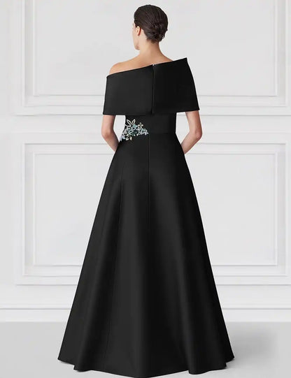 Black Green A-Line Evening Gown Elegant Dress Formal Wedding Floor Length Short Sleeve Off Shoulder Champagne Mother Of the Bride Dress Satin with Glitter Pocket