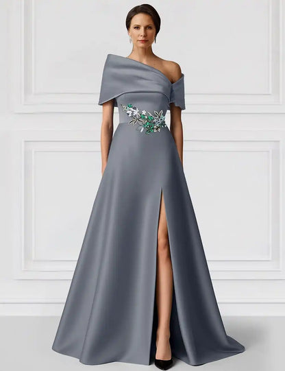Black Green A-Line Evening Gown Elegant Dress Formal Wedding Floor Length Short Sleeve Off Shoulder Champagne Mother Of the Bride Dress Satin with Glitter Pocket