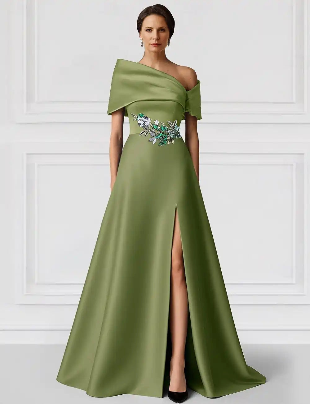 Black Green A-Line Evening Gown Elegant Dress Formal Wedding Floor Length Short Sleeve Off Shoulder Champagne Mother Of the Bride Dress Satin with Glitter Pocket