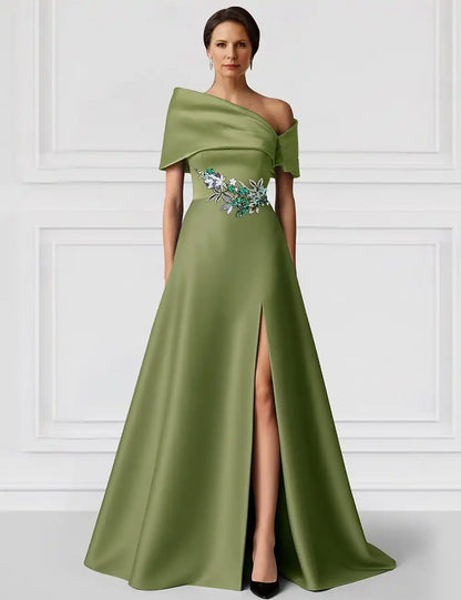 Black Green A-Line Evening Gown Elegant Dress Formal Wedding Floor Length Short Sleeve Off Shoulder Champagne Mother Of the Bride Dress Satin with Glitter Pocket