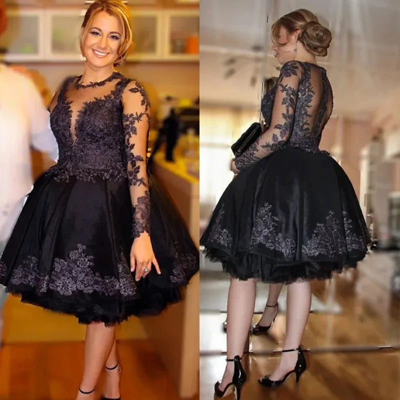 Black Short Lace Homecoming Dress Knee Length Long Sleeves Damas Dress