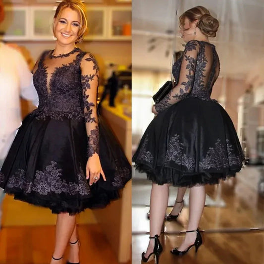 Black Short Lace Homecoming Dress Knee Length Long Sleeves Damas Dress