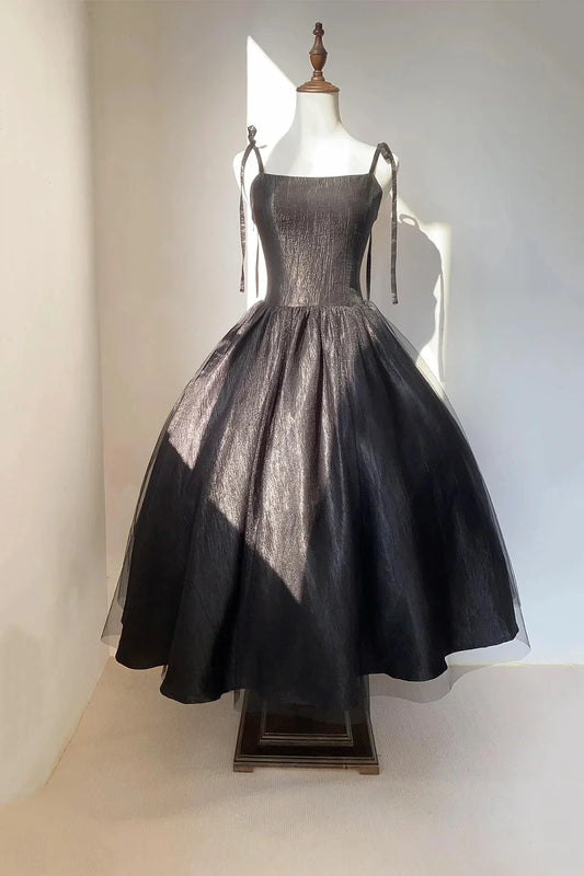 Black Spaghetti Strap Tulle Tea Length Prom Dress Black A-Line Party Dress