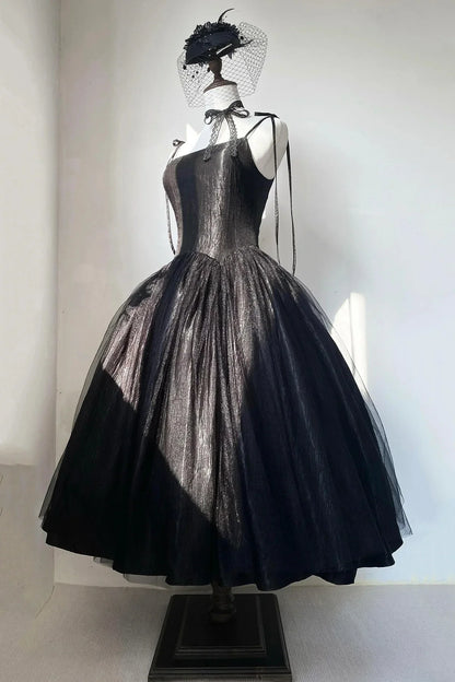 Black Spaghetti Strap Tulle Tea Length Prom Dress Black A-Line Party Dress