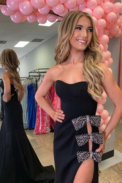 Black Strapless Prom Dress with Bows